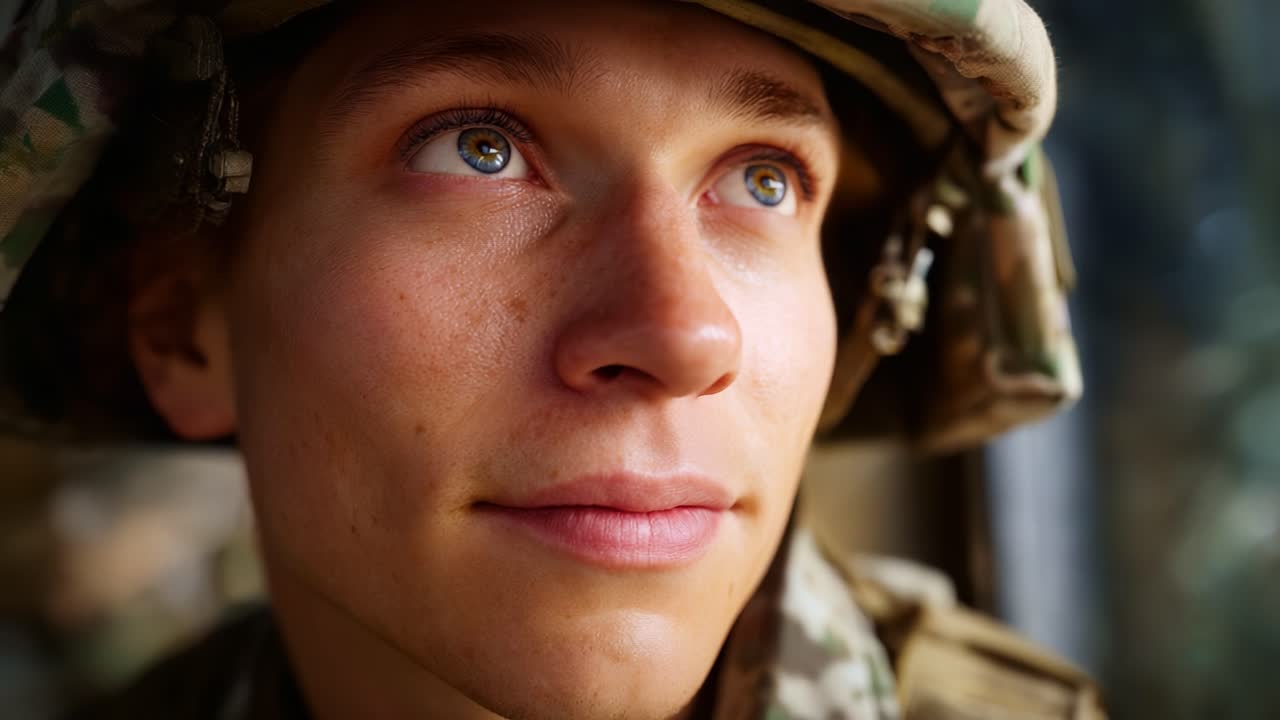Un ritratto ravvicinato di un soldato pensieroso, che mette in mostra determinazione e resilienza, con un focus sull'emozione umana dietro il dovere e il servizio militare