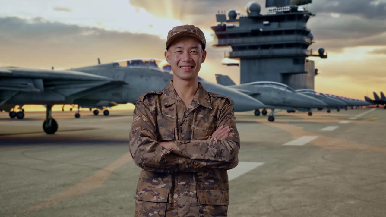 Military Personnel on Aircraft Carrier Deck at Sunset