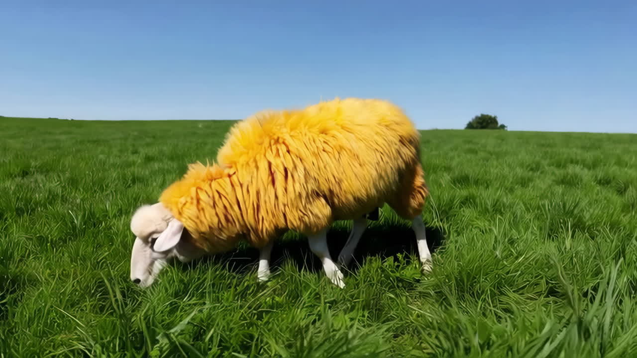 초록색 들판 에 있는 오렌지색 양 들