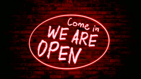 come in we are open neon light text animation motion graphics in ellipse frame border with brick wall background