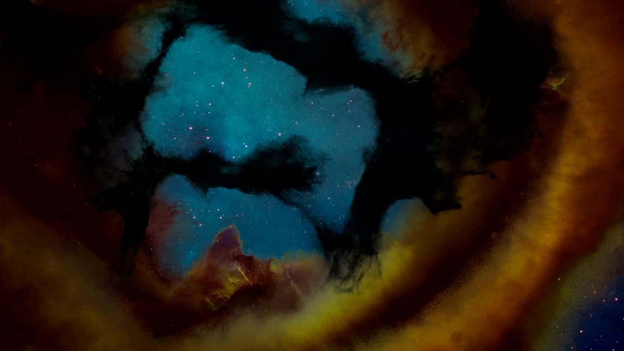 The viewer zooms into a tunnel of gas and dust in deep space in this animation.