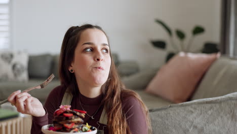 breakfast, pancakes and woman in home living room