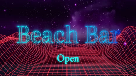 beach bar open text animation over neon grid and starry sky background