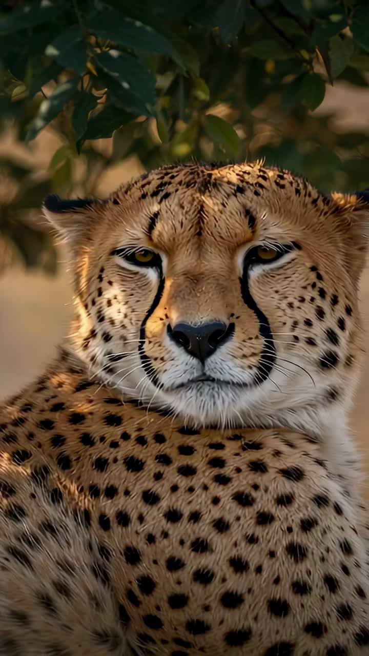 Vertical video: Turning cheetah raising head under leafy branches in savanna, responding to rustle