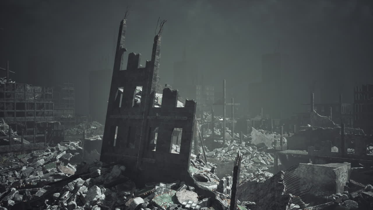 Desolate urban landscape marked by destruction and debris after disaster