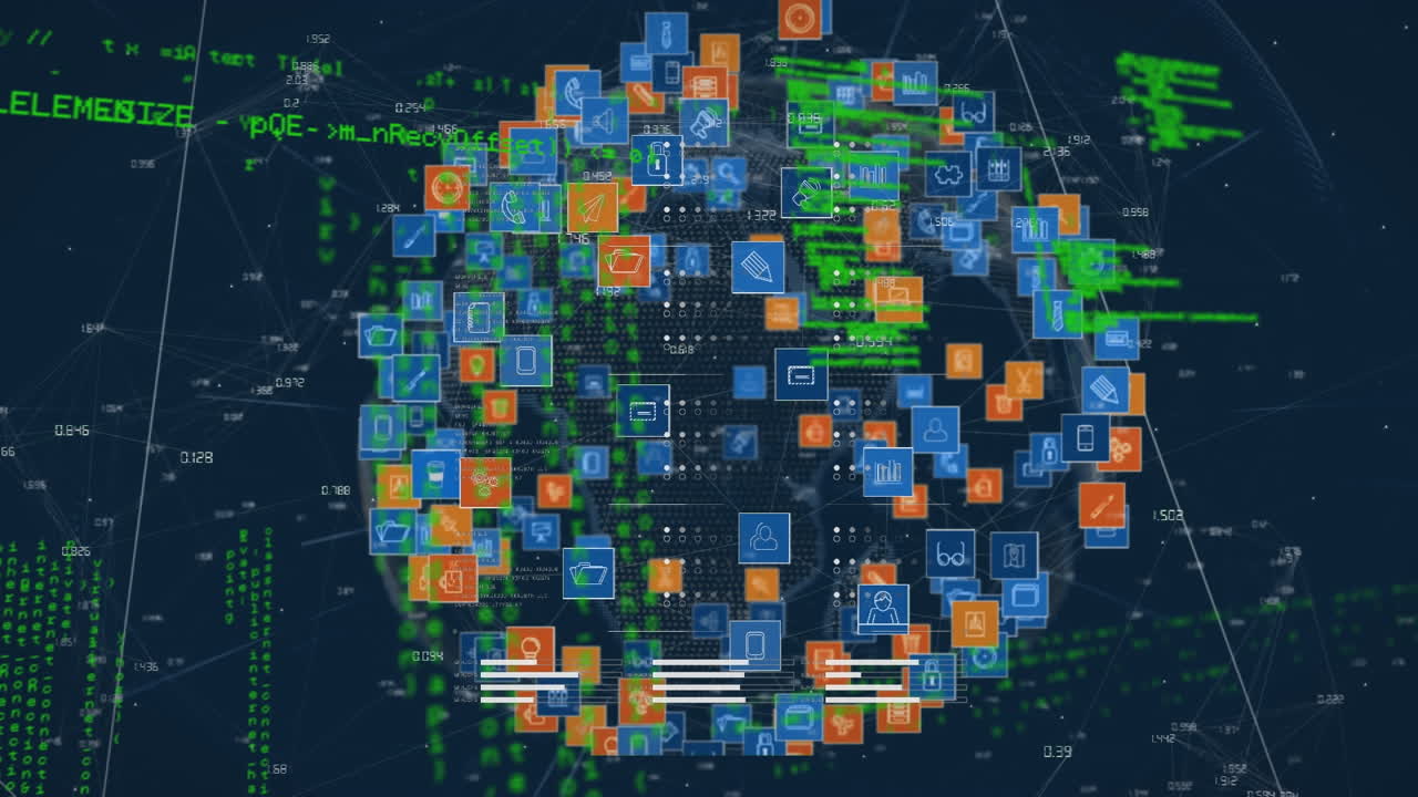 Animation of data processing over globe with icons