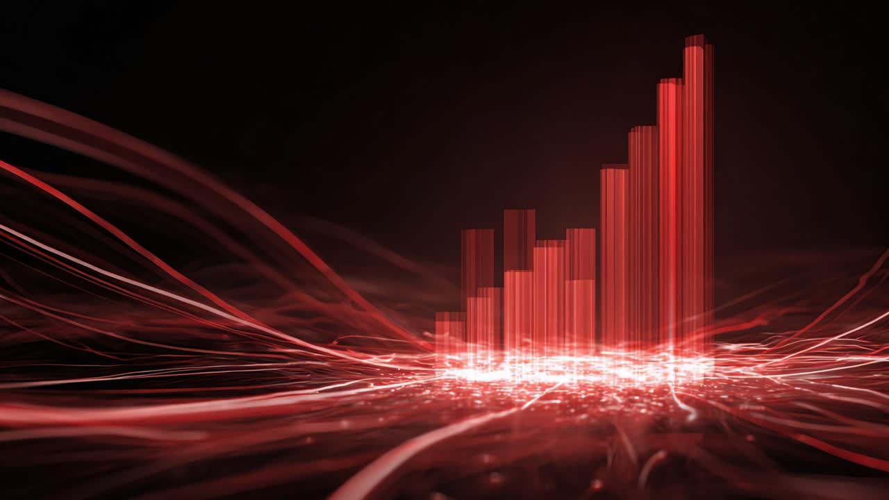 Red abstract bar chart with glowing data streams on a dark background, conveying upward market growth, financial success, analytics, and futuristic digital trading trends