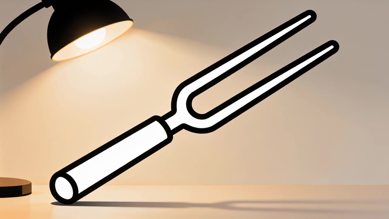 Turning lamp on, warm light cone, tuning-fork graphic on desk sliding right and down casting shade