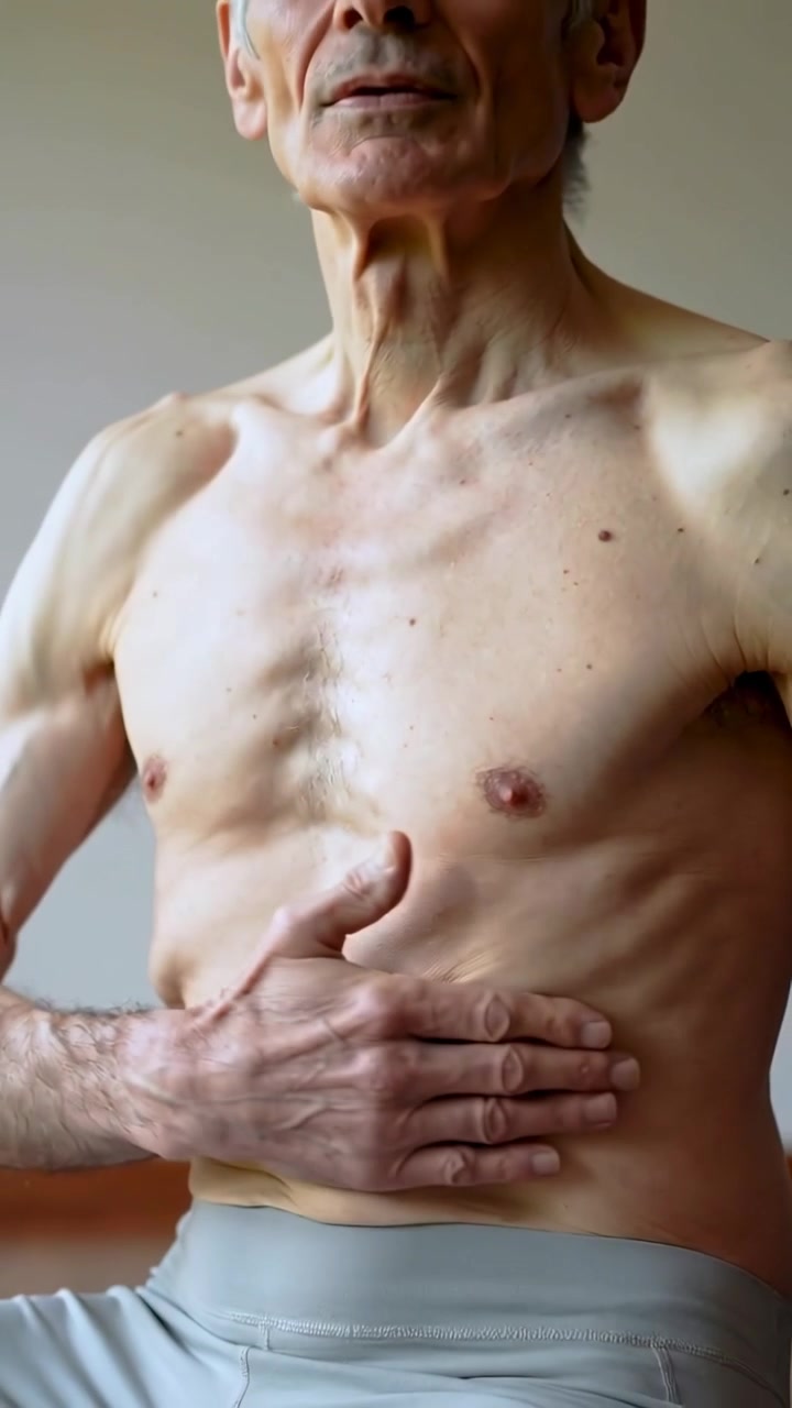 Video verticale: Anziano a torso nudo che posiziona la mano destra sulla parte inferiore dell'addome mentre fa esercizi di respirazione a casa.