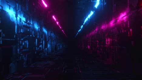 vuelo sin fin en un corredor metálico futurista con iluminación de neón. tecnología y concepto futuro. bucle sin costuras 3d render. espectro de luz ultravioleta azul púrpura moderno