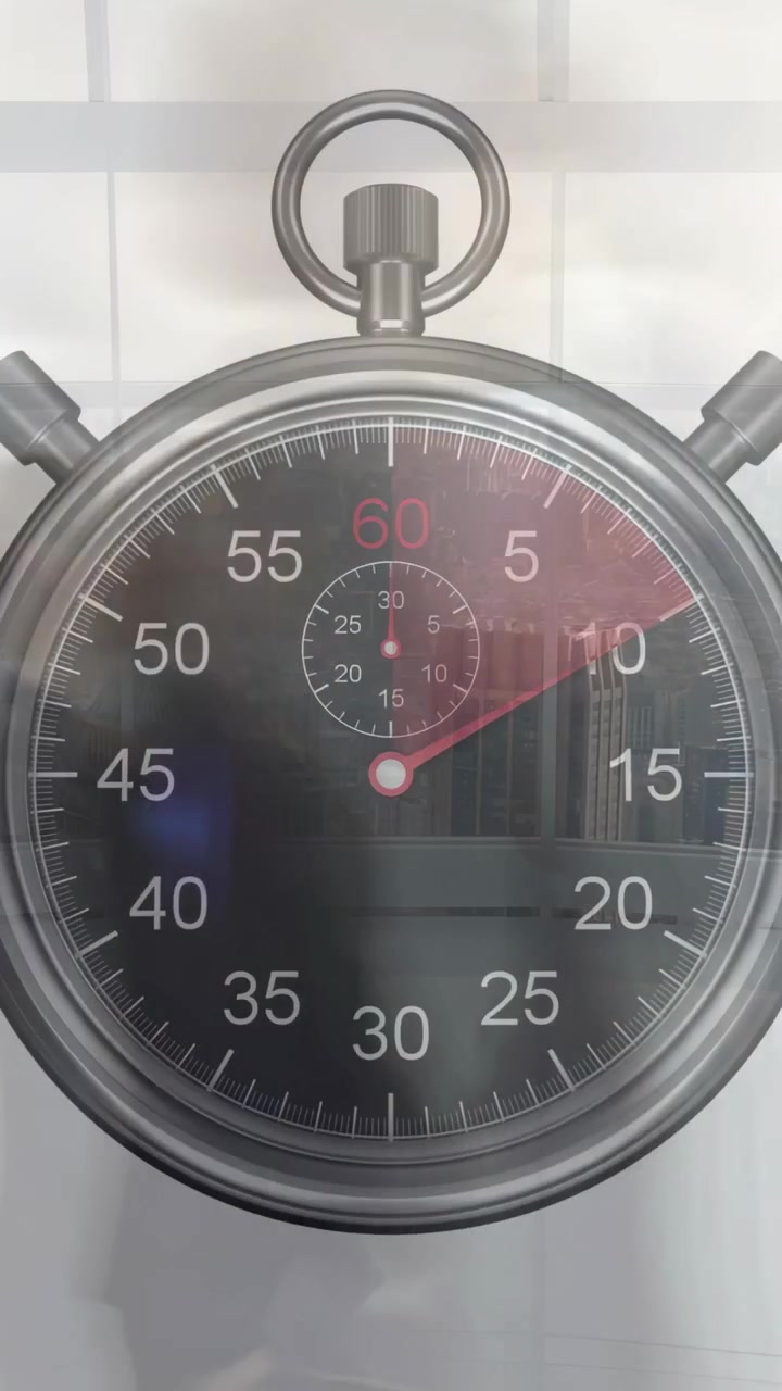 Video verticale: Un timer con quadrante che diventa rosso, una lancetta che descrive un arco e reagisce a una lancetta speculare per il design.