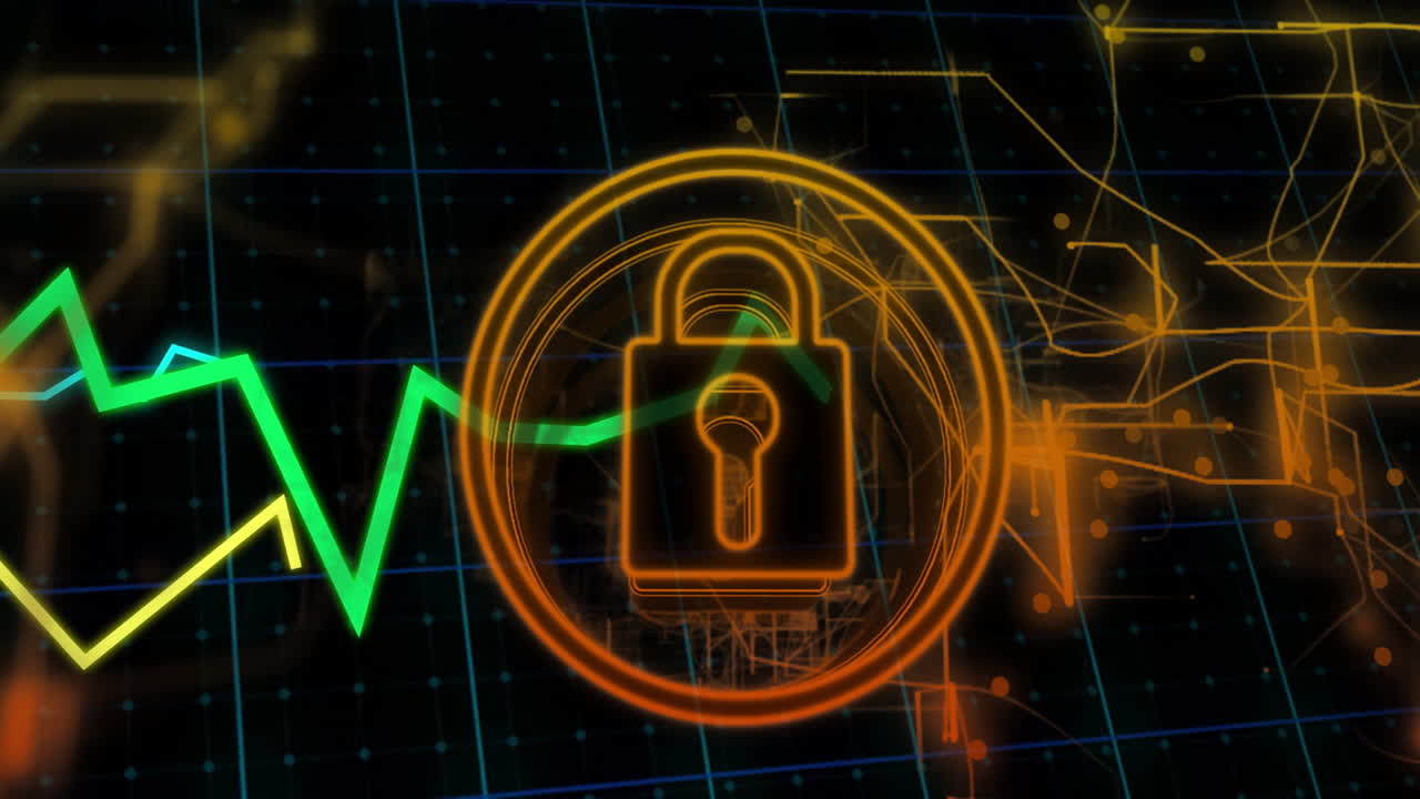 Animation of glowing lock over financial graph in digital grid background