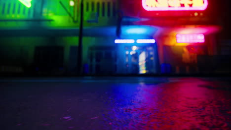vibrant neon lights illuminate a night street with reflections and colors