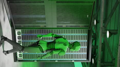 cyborg humanoide en el servidor internet sala de alta tecnología dando a luz concepto inteligencia artificial tomando el control en 3d renderización animación ciberseguridad guerra luz verde vertical