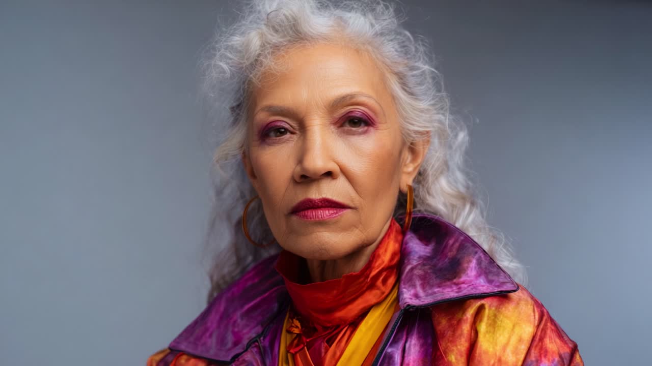 Un ritratto straordinario di un'elegante signora anziana con uno stile vivace, che mette in mostra il suo stile unico e la sua sicurezza, caratterizzata dai suoi tratti espressivi e dai colori audaci