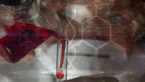 Animation-of-dna-strand-and-data-processing-over-caucasian-female-scientist-in-lab