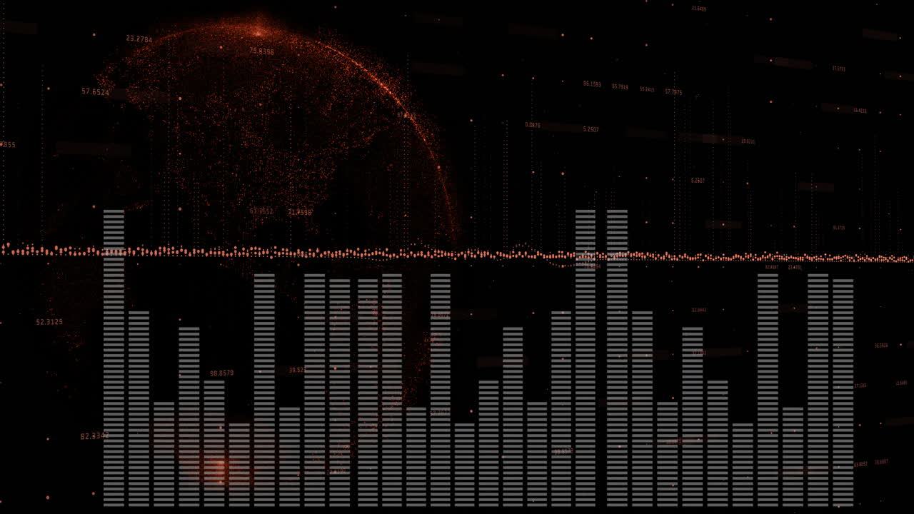 Visualizing digital sound wave with glowing planet and data points in animation