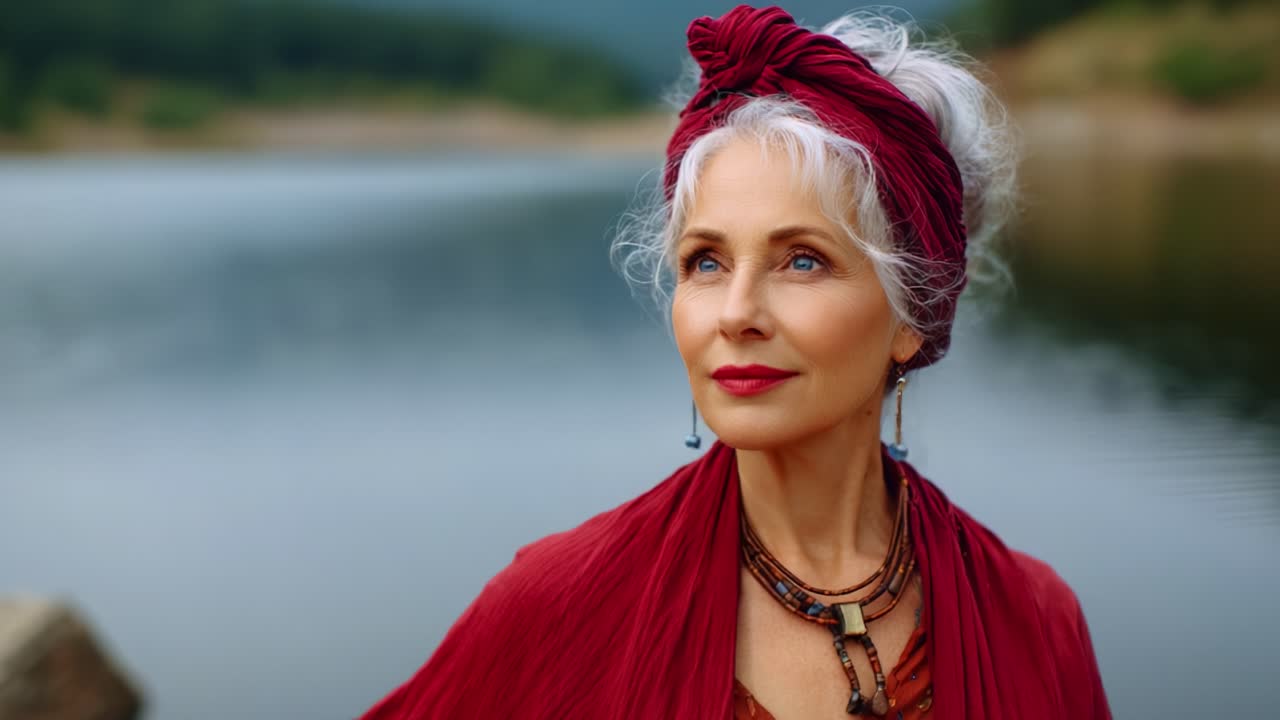 Eleganza e serenità: una donna aggraziata nella natura con capelli argentei e abbigliamento vivace, che cattura la bellezza in un ambiente acquatico tranquillo