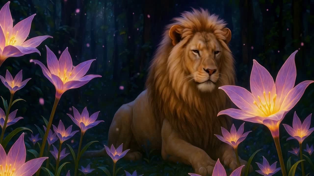 Majestátní lev v mystickém lese obklopený zářícími květinami, zachyceno z podhledu.