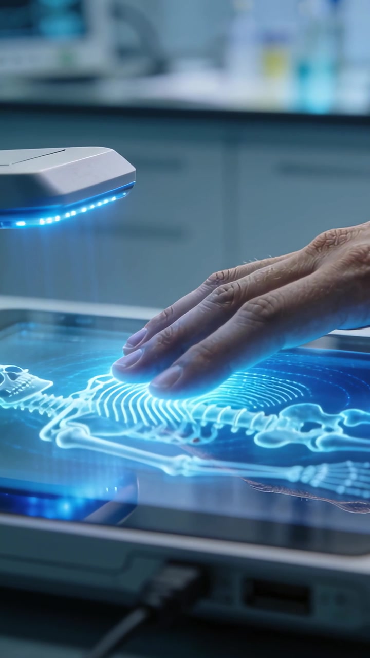 Video verticale: Mano adulta che tocca e traccia una gabbia toracica olografica su un banco da laboratorio, attivando una scansione tramite scanner.