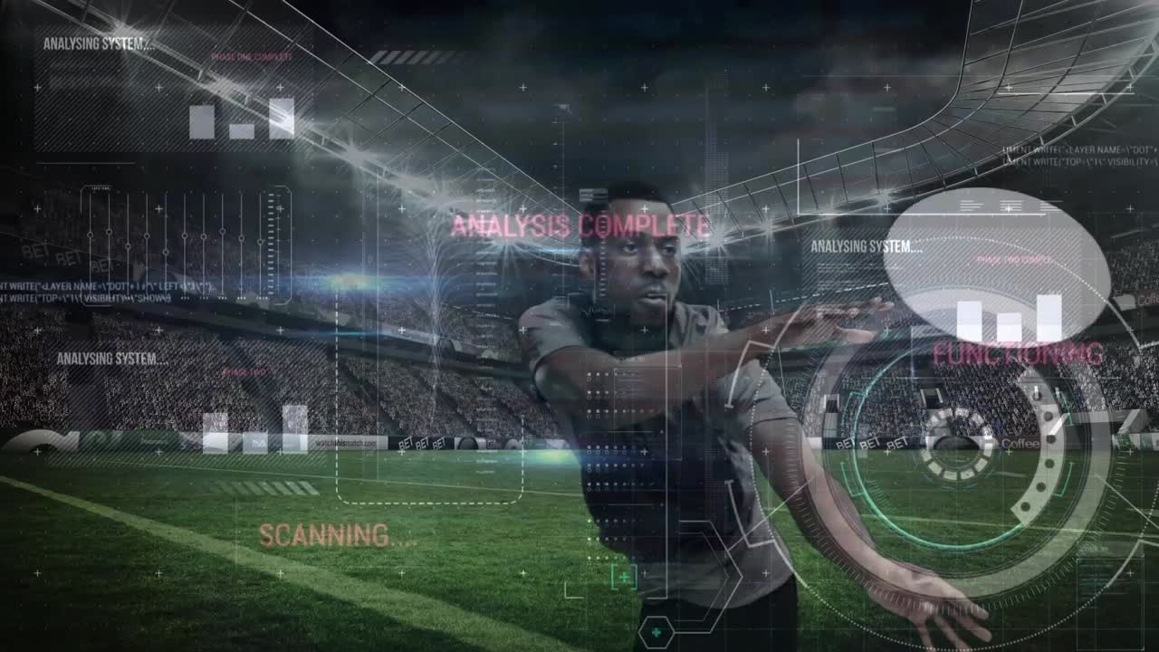 경기장에서 아프리카계 미국인 남성 럭비 선수에 대한 데이터 처리 애니메이션