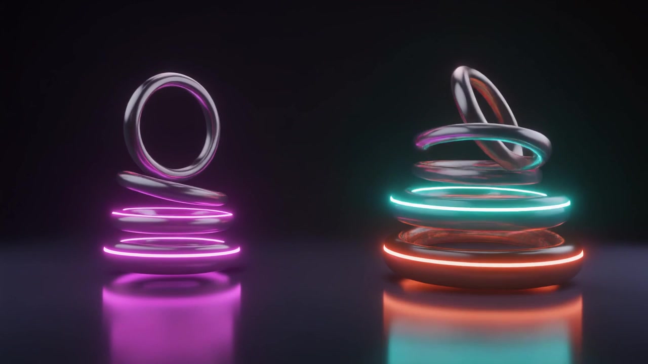 Abstract 3D Animation of Glowing Neon Rings Floating and Rotating