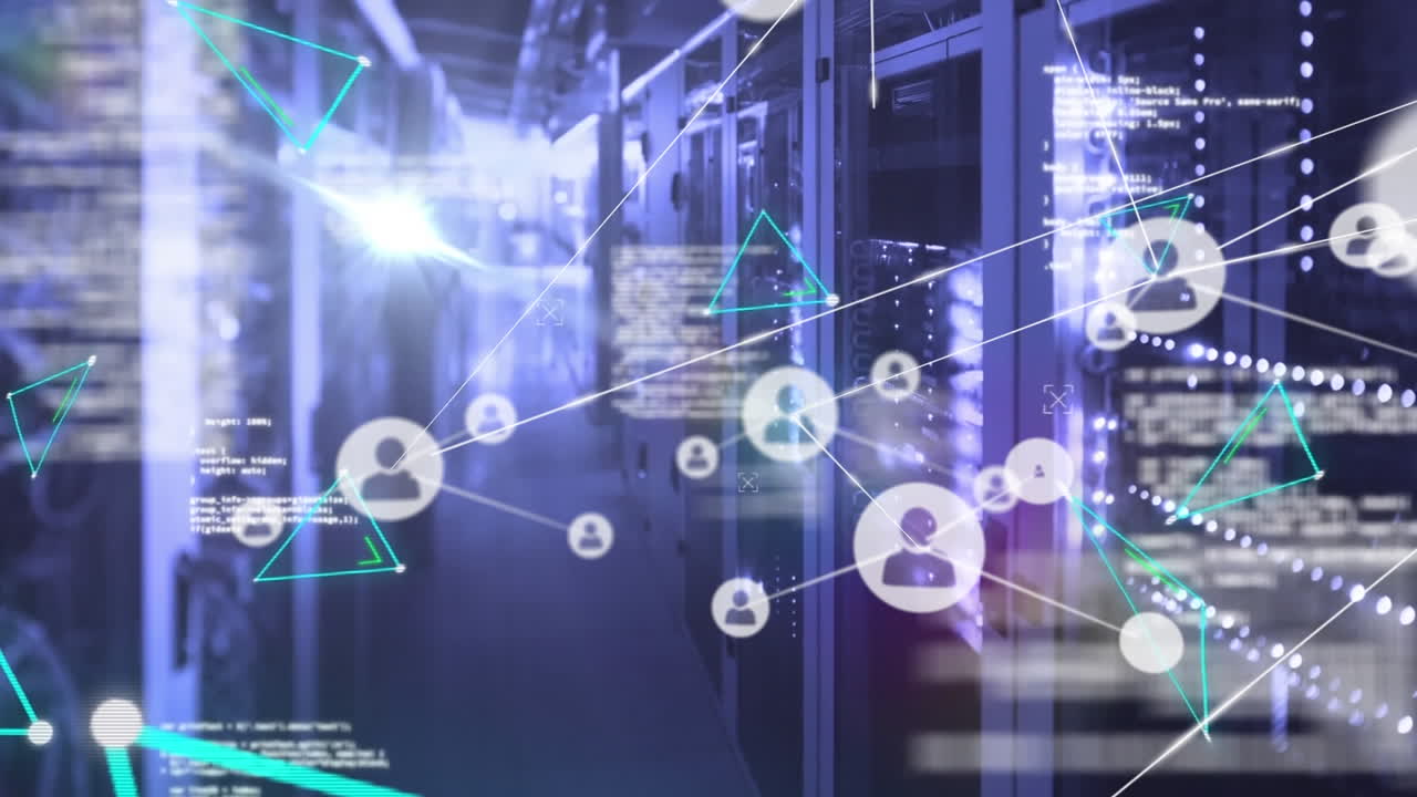Animation of network of connections with icons and data processing over server room