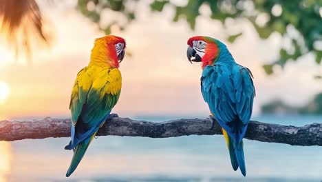two colorful macaws perched on a branch at sunset
