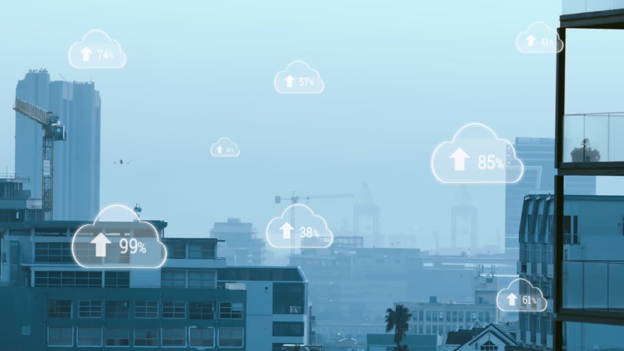 Flat design cloud icon displaying 100% with upward arrow floating over hazy city skyline