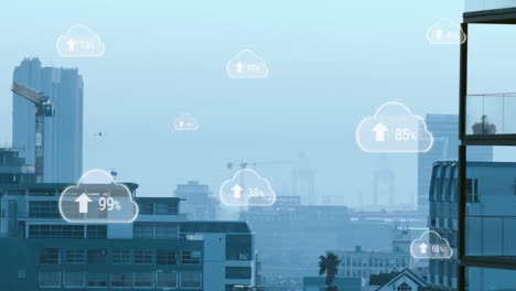 flat design cloud icon displaying 100% with upward arrow floating over hazy city skyline