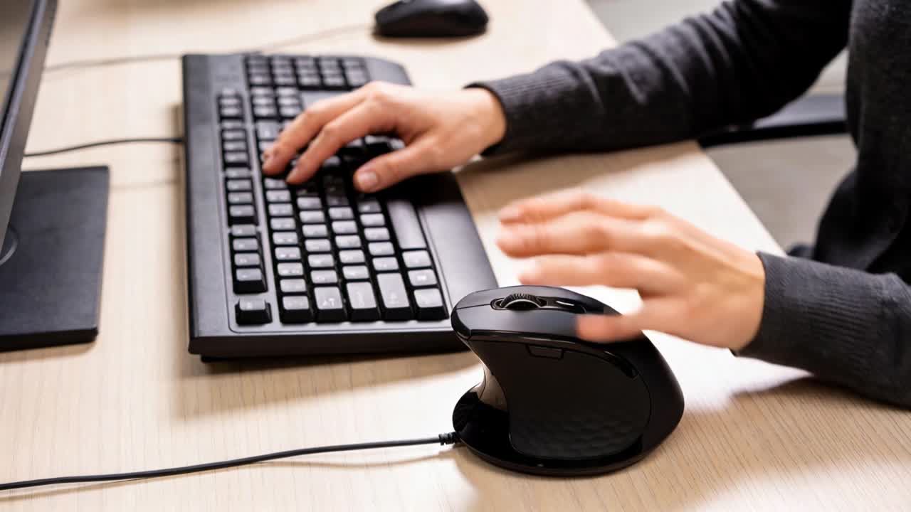 Switching right hand docked, hands typing keys clicking vertical mouse at desk for work in sweater