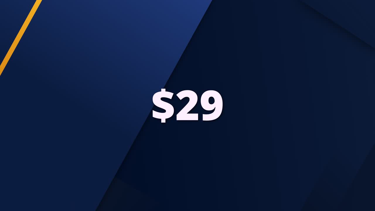 A modern and clean animated graphic showing a price tag of $29. Ideal for use in e-commerce, digital ads, promotions, and product highlight videos
