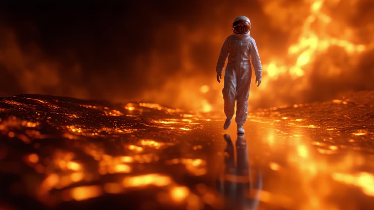 Un astronauta cammina attraverso un paesaggio surreale e infuocato, circondato da lava che scorre e braci ardenti, incarnando lo spirito di esplorazione e avventura oltre la Terra.