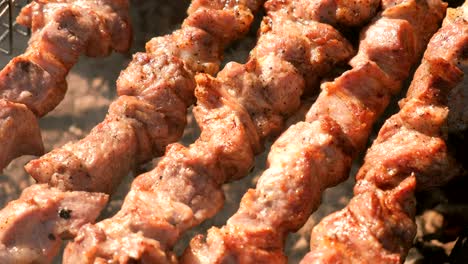 appetizing juicy pork barbecue is roasted on skewers on top of charcoal grill. close-up meat pieces.