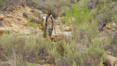 caucasian male survivalist trekking through wilderness with backpack and walking poles