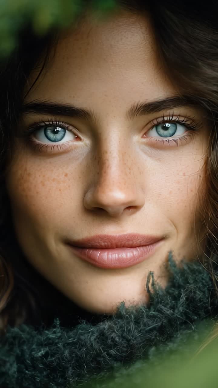 Captivating Portrait of a Young Woman with Striking Blue Eyes Framed by Lush Greenery, Exuding Natural Beauty and Confidence