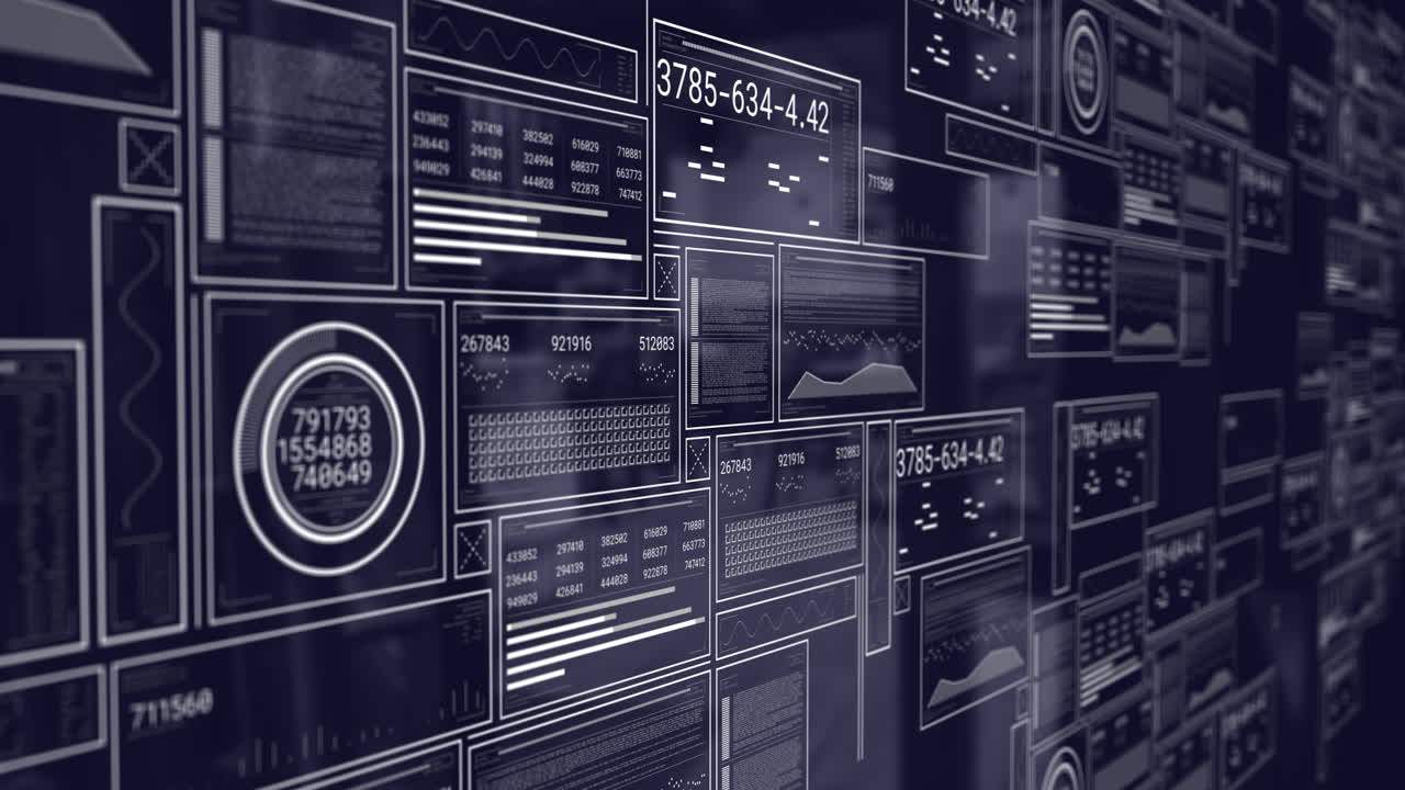 animación de pantallas con procesamiento de datos sobre un fondo oscuro