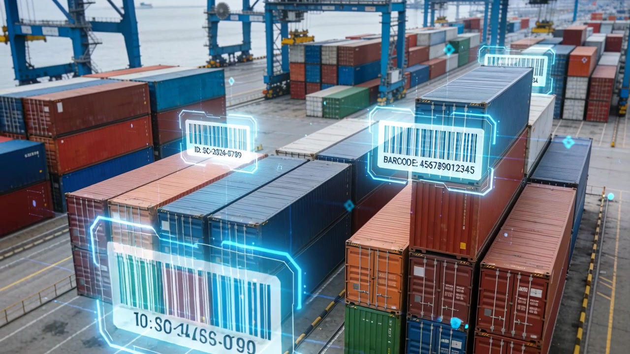 System showing barcode overlays on stacked containers at quay, starting scan for tracking