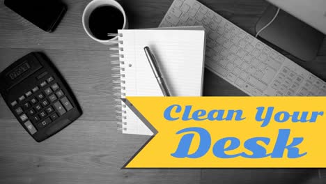 animation of clean your desk text over white lines and keyboard with notebook and pen