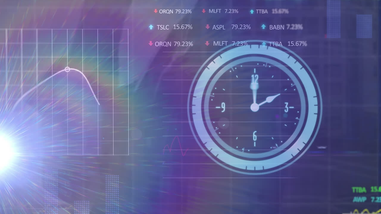 Animazione di orologio che ticchetta, flare arcobaleno e elaborazione dati di borsa su un grattacielo