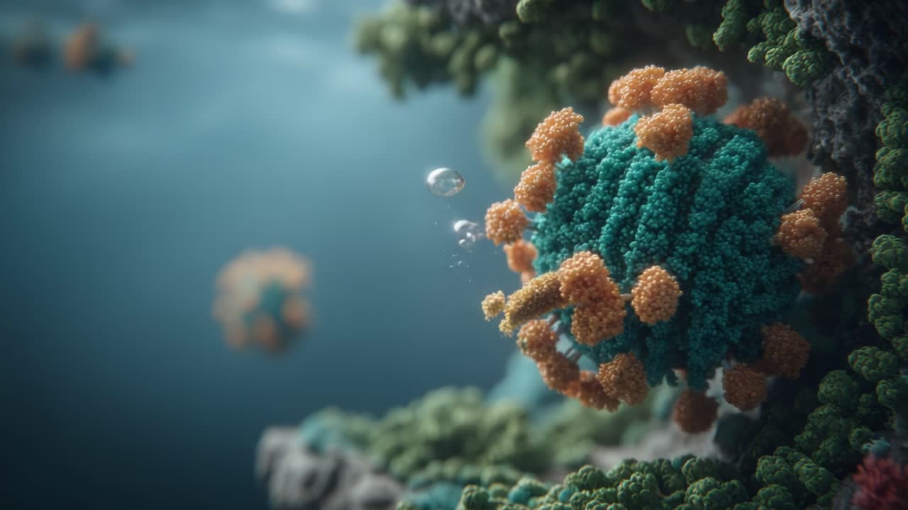 Detailed Visualization of a Virus Underwater, Capturing Intricate Structures and Vibrant Colors Against a Microscopic Background, Exploring Microbial Life in a Unique Environment