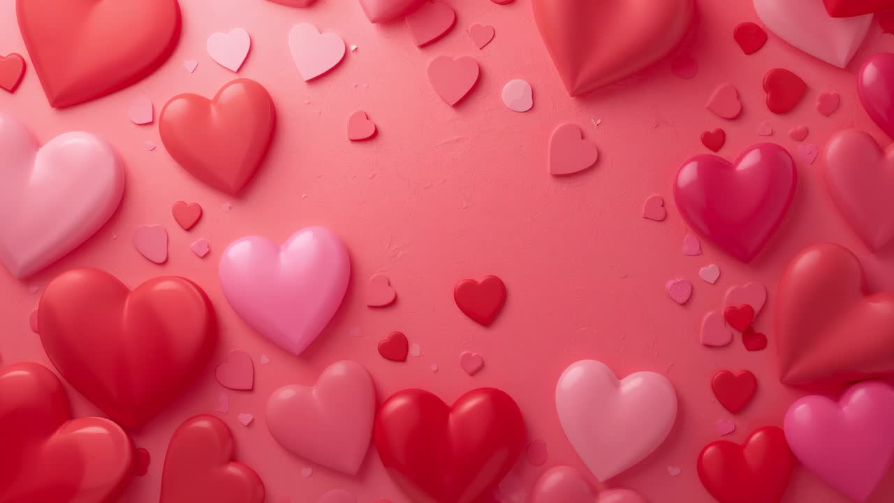 Panoramica con la camera che rivela cuori 3D e coriandoli che si spostano su una superficie rosa da studio, creando un'atmosfera rilassante