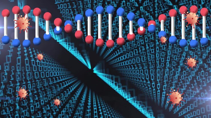 Animation of dna strand spinning and falling covid 19 cells over dark background