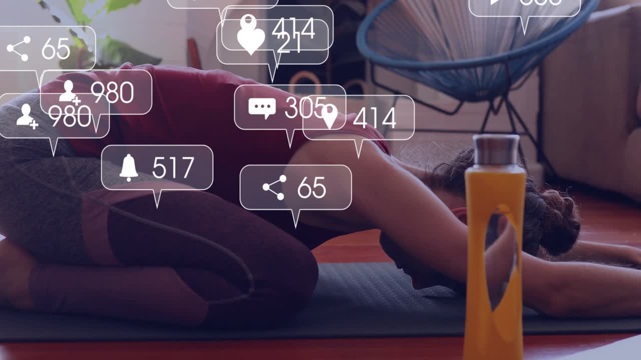 Fitness creator kneeling on mat shifting forward and showing social media metrics floating around