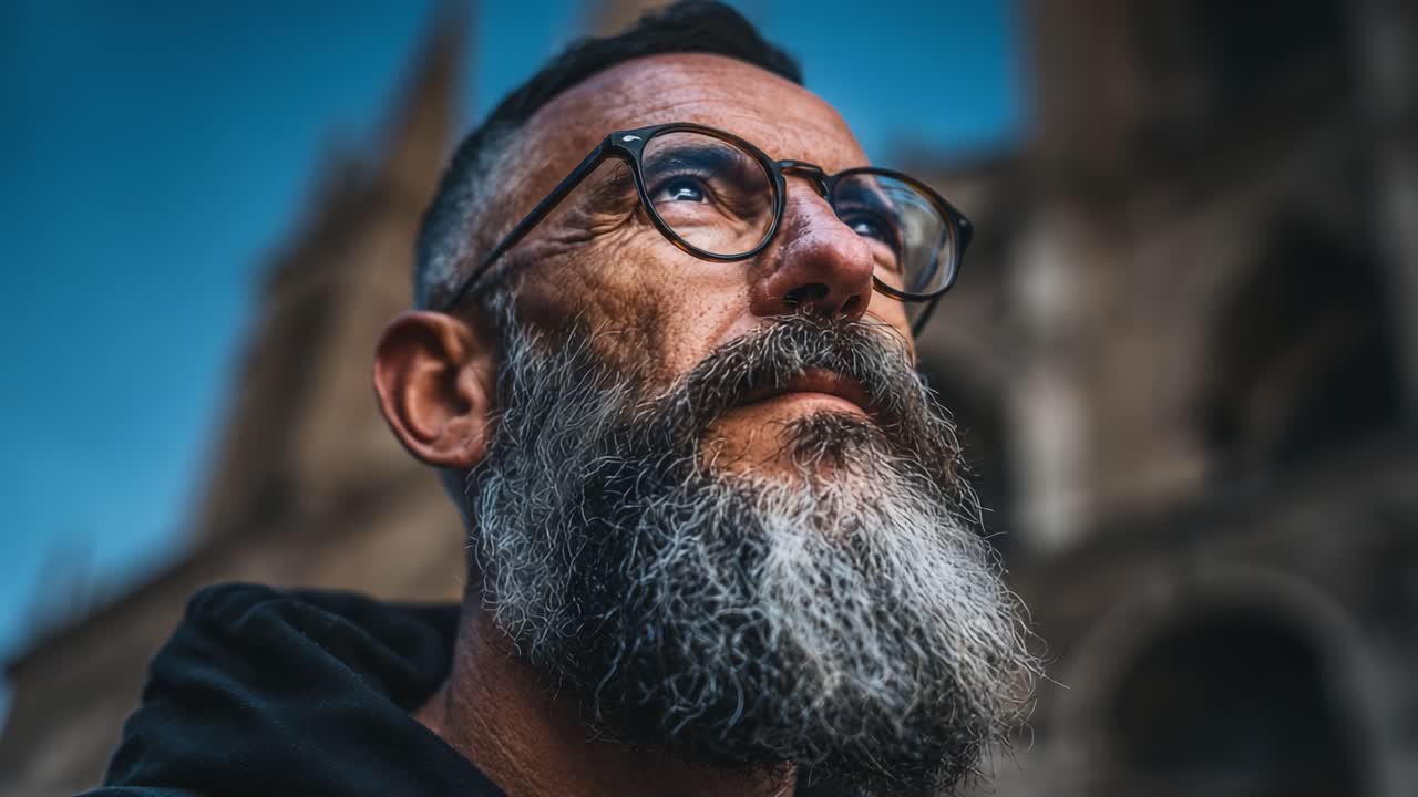 A Thoughtful Portrait of a Bearded Man in Eyeglasses Against a Historic Background, Capturing His Pensive Expression and Unique Style