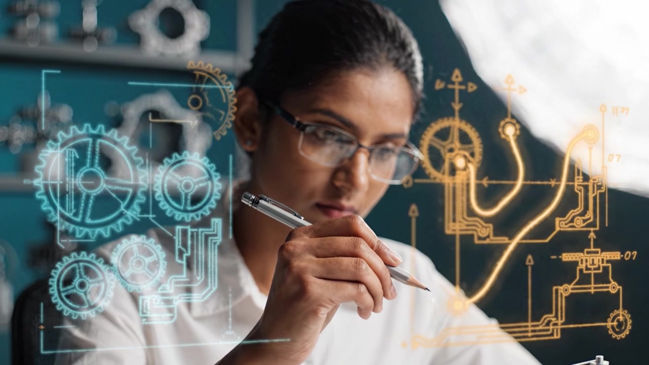 Focused Engineer Analyzing Complex Schematics with Precision, Utilizing Advanced Tools to Innovate and Enhance Mechanical Designs for Future Applications