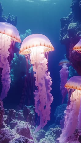 jellyfish swim in coral reef. glowing jellyfish gracefully drift among rocky formations in a vibrant underwater world filled with colorful corals.