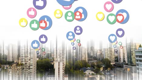 animation of multiple colourful digital social media icons flying over cityscape