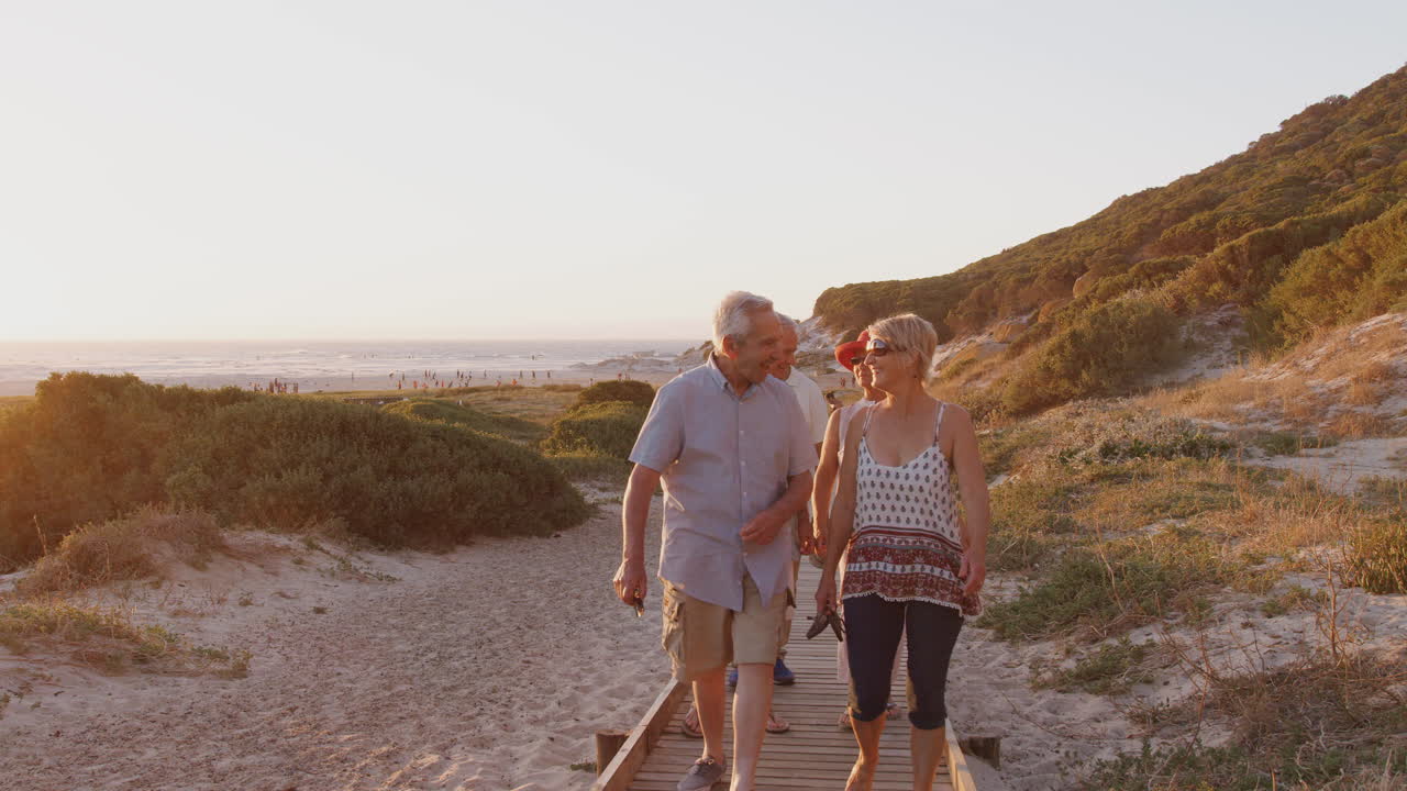 grupo de amigos mayores caminando por el paseo marítimo en la playa en vacaciones de grupo de verano
