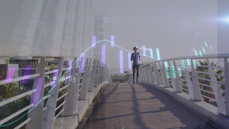 animación de gráficos con números cambiantes sobre atleta biracial corriendo en el puente